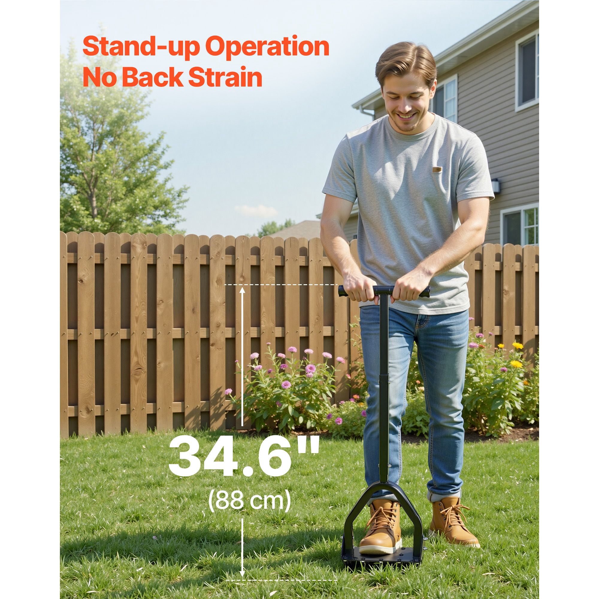 Lawn Aerator Tool, 15 Solid Steel Spikes, 2.8" Penetration Depth, 34.6" Height, 200 lbs Downward Force Capacity, Manual Core Aerator for Lawns, Garden Paths & Pet Areas