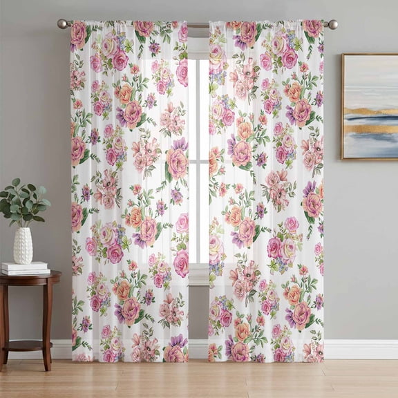 Pink Ombre Spring Floral Semi Sheer Curtains 72 Inch Length 2 Panels Set, Summer Flowers Botanical Sheer Kitchen Curtain Privacy Voile Window Curtain for Living Room Bedroom Rod Pocket Drapes