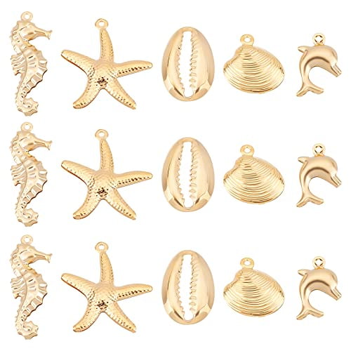 SUNNYCLUE 1 Box 16Pcs 8 Styles Real 14K Gold Plated Charms Gold Sea Theme  Animal Charms Tortoise Starfish Seahorse Pendants Bulk for Earring Necklace