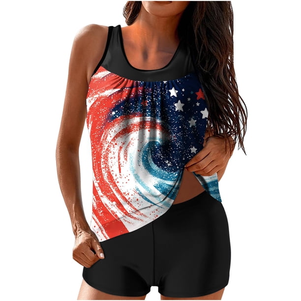 Traje de Baño de Mujer con Pantalones Cortos Conservador Cintura Alta Día de la Independencia Impreso Traje de Baño de Dos Piezas, Largo Torso Camiseta con Almohadillas Extraíbles