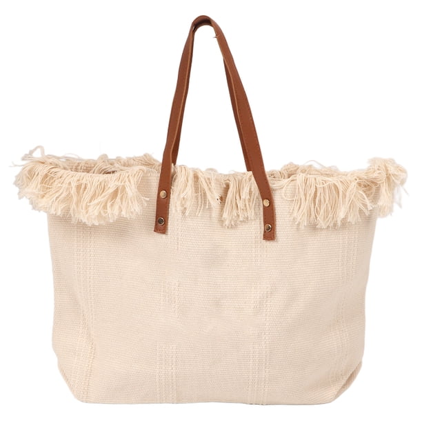 Bolso de hombro Nikou de algodón para mujer con borlas y asa superior beige