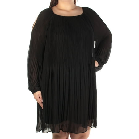 Pleated Shift Dress - INC Womens Black Cold Shoulder Pleated Long Sleeve Jewel Neck Above The Knee Shift Dress Size: XL