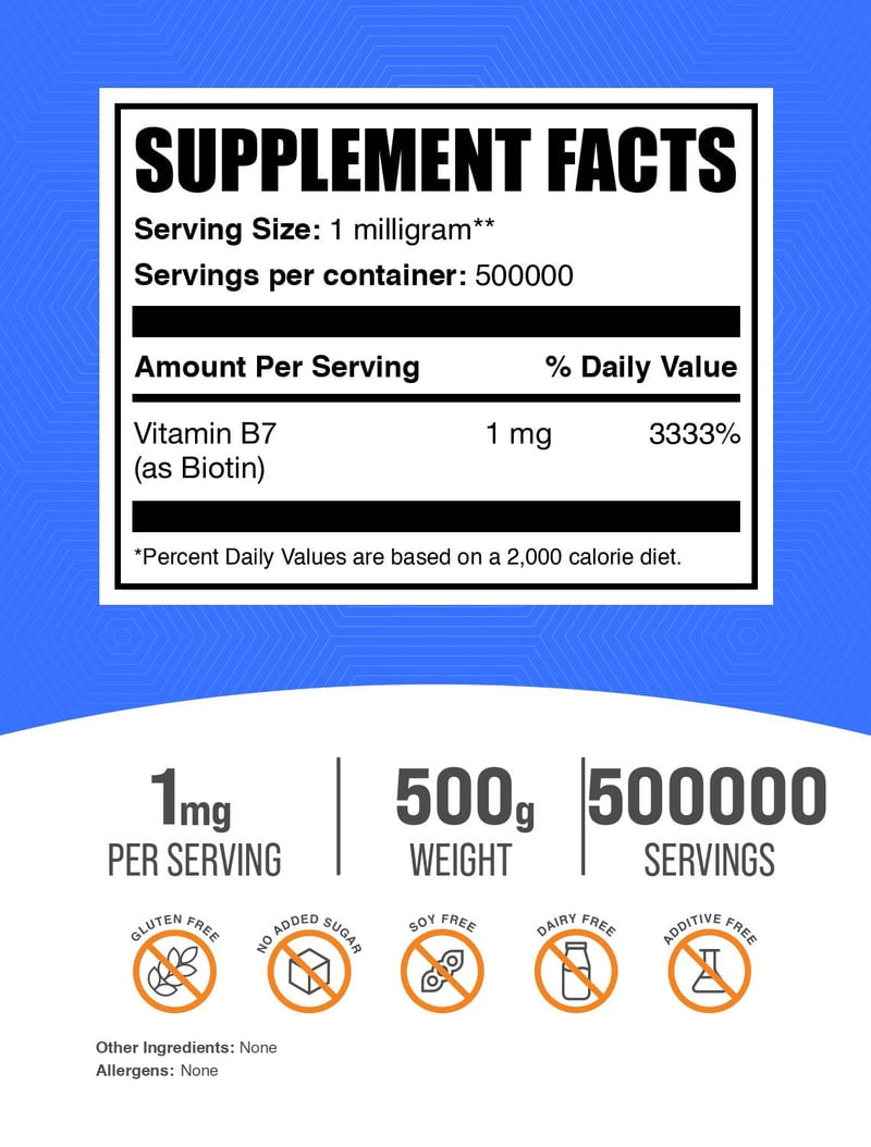 BulkSupplements Pure Biotin Powder - 1mg per Serving - 500 Grams (1.1 lbs) - 500000 Servings