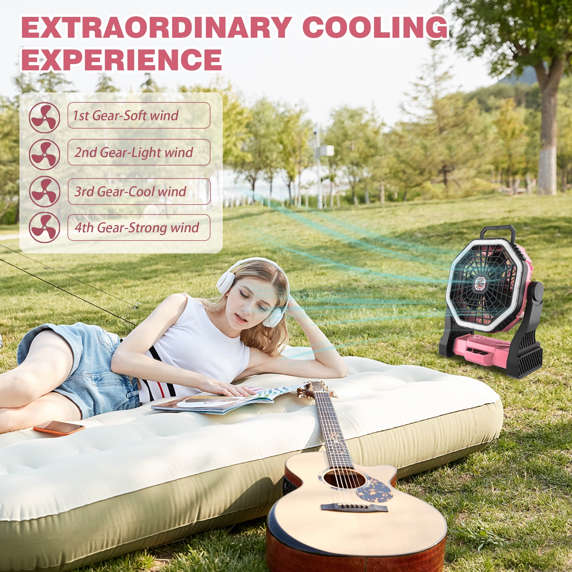 Roykaw Portable Fan for Travel, 10400 mAH Rechargeable Camping Fan, Cordless Battery Powered Fan with Led Light, Battery Fan with Handle, Hang Hook for Tent, Fishing, Hurricane Fan for Bedroom, Pink