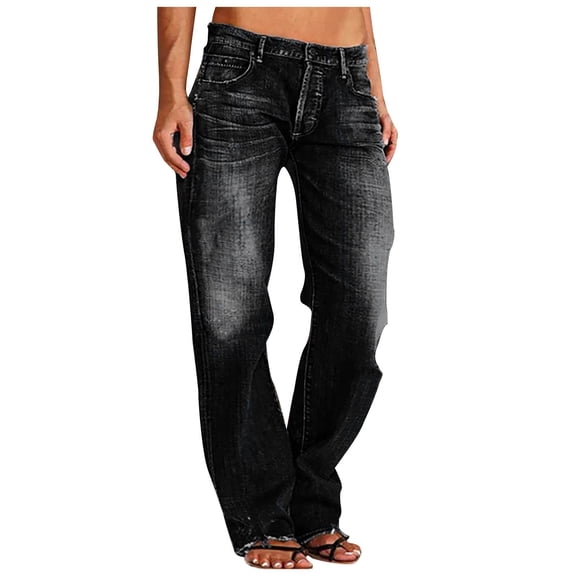 Summer Jeans for Women Cotton Pull On Button Straight Leg Mid Waist Vintage Washed Y2k Jeans with Pockets