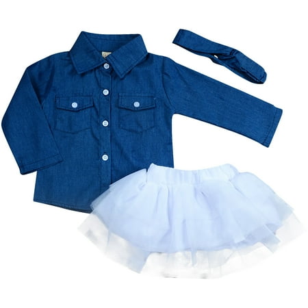 

EHTMSAK Infant Baby Toddler Children Girl 3PCS Mesh Outfits Long Sleeve Denim Shirts and Skirt Set Clothing Set with Headband White 6M-5Y 90
