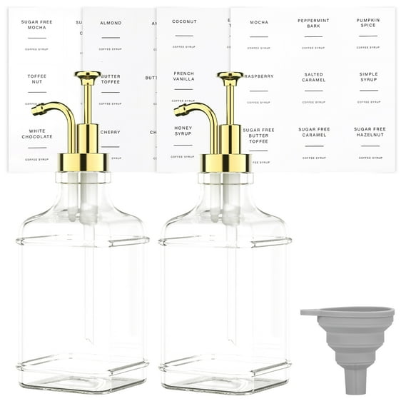Coffee Syrup Dispenser Set with Silicone Funnel 500ml Glass Syrup Bottle with Label Stickers Clear Coffee Syrup Container Portable Coffee Pump Dispenser Syrup Pump Dispenser for Bar