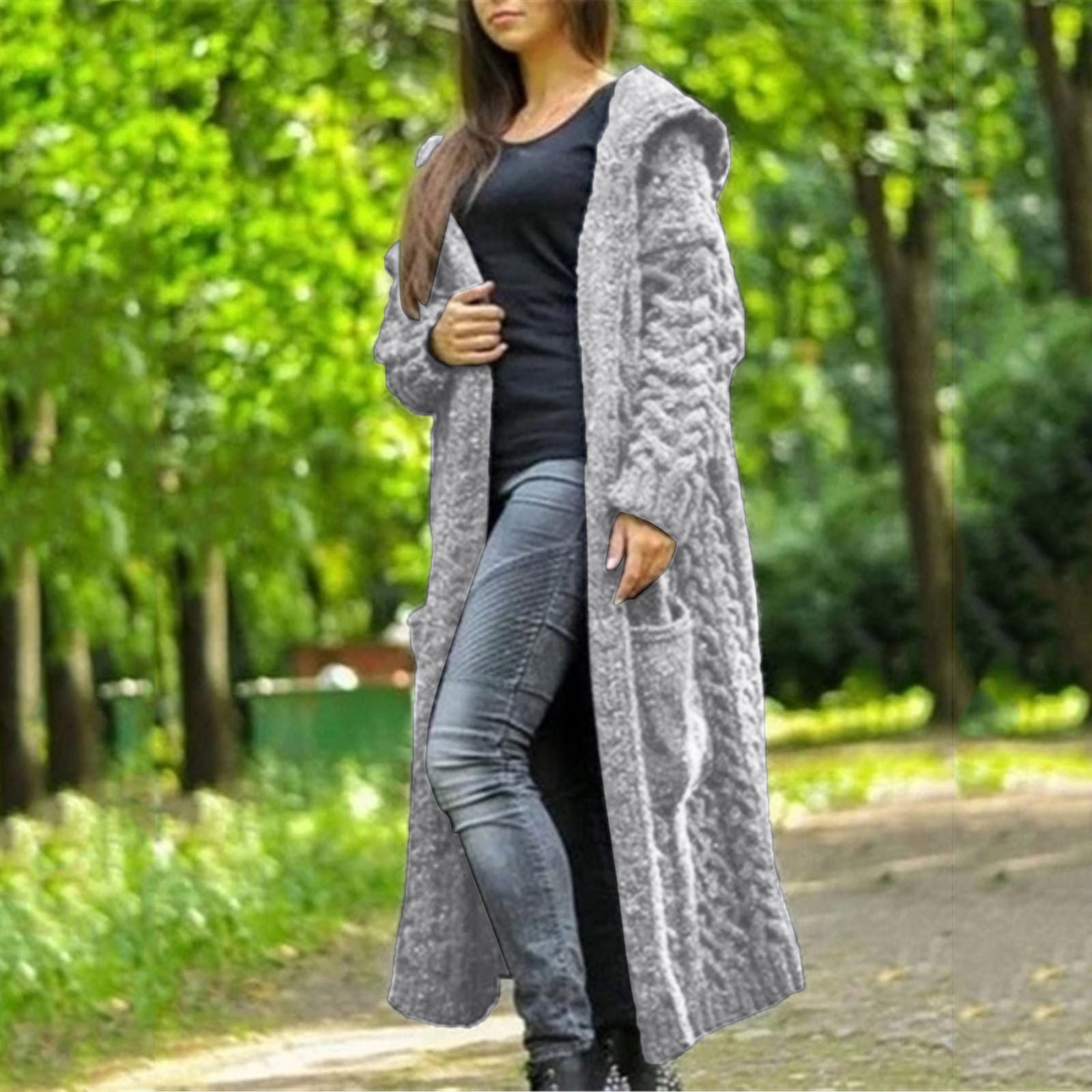 Hvot&aat Women's Cable Knit Hooded Sweaters Open Front Cardigan Long Sleeve Sweater Coats Oversized Maxi Jacket with Pockets