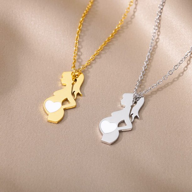 Warm Family Pregnant Baby Necklace Mother Day Gift Stainless Steel Women Mom Kid Pendant Necklace Choker Love Heart Jewelry WifeSilver color&45cm Gao Jinjia LED