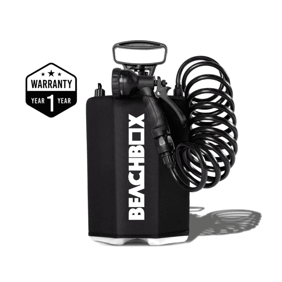 BeachBox Portable Shower Tank with Insulated Cover, 1.3 Gallon, Black, 7 ft Durable Neoprene Coil Hose