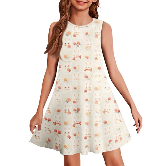 LTTVQM Easter Dresses for Girls Bunny Egg Print Cute Sleeveless Sundresses Casual Crew Neck Midi Dresses Vacation Church Dresses Beige 3-4 Years