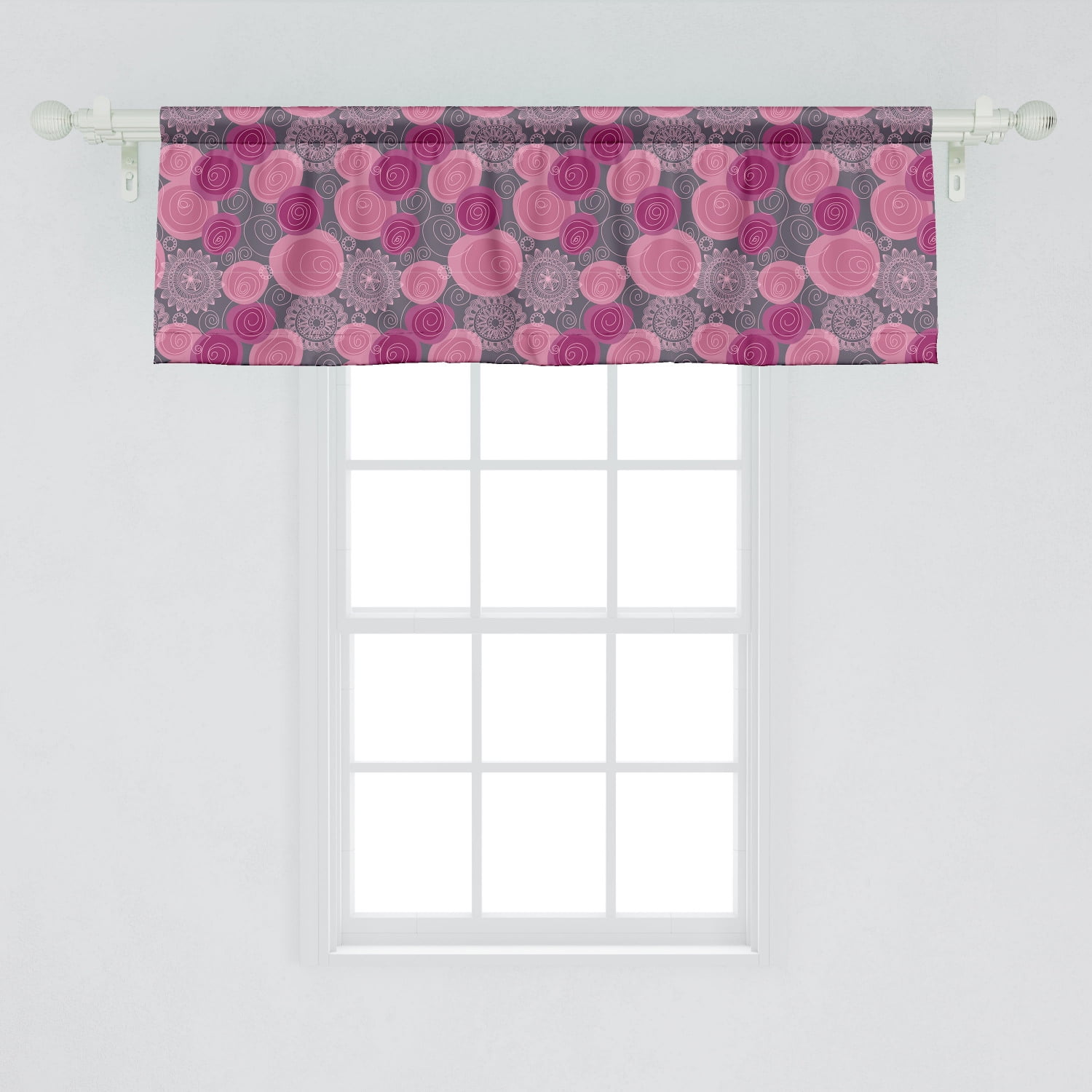 Ambesonne Pink and Grey Window Valance, Doodle Style Lace Swirled