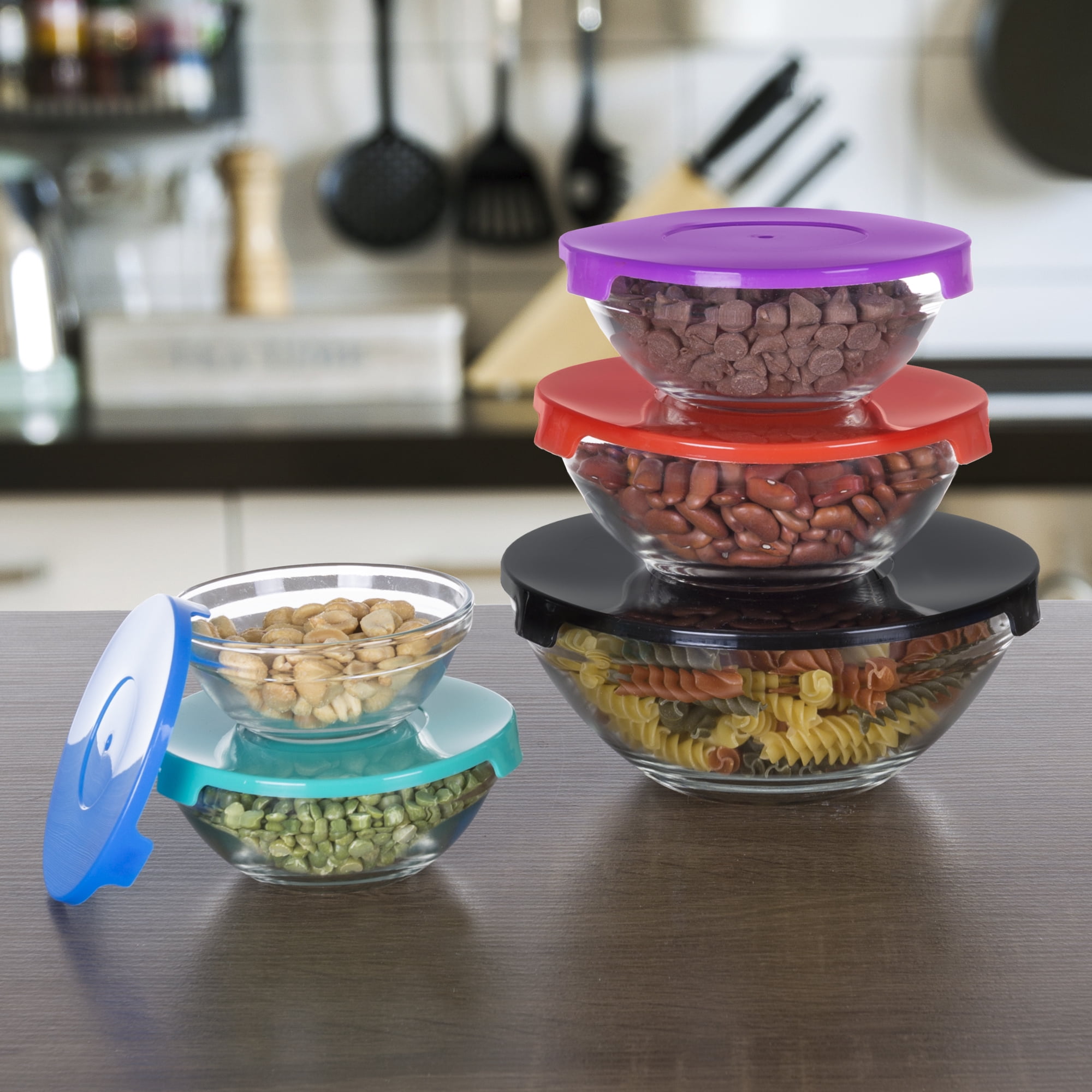 Glass Food Storage Containers with Snap Lids- 10 Piece Set (Black