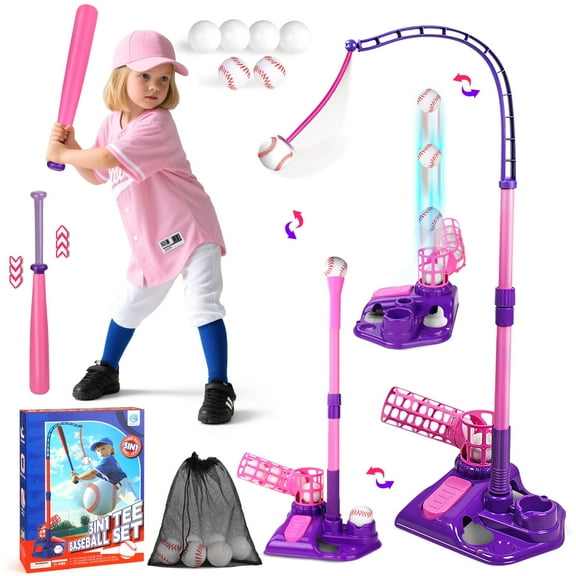Hot Bee Pink 3-in-1 Girls T-Ball Set, Step Pitcher, Hanging Ball, Adjustable Tee, Baseball Sports Toys for Kids Ages 3-6, Outdoor Gift with Bat, Balls & Carry Bag