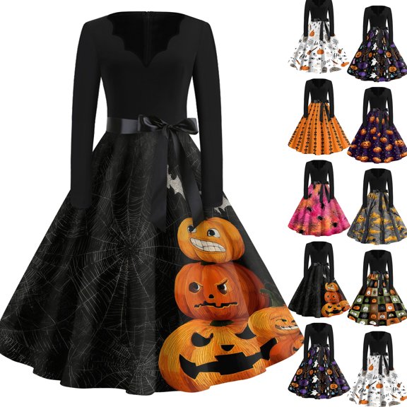 Women's Halloween Dress Pumpkin Castle Long Sleeve Cocktail 1950s Vintage Tea Length Dress V Neck Hepburn Fall Funny Dresses with Belt XL