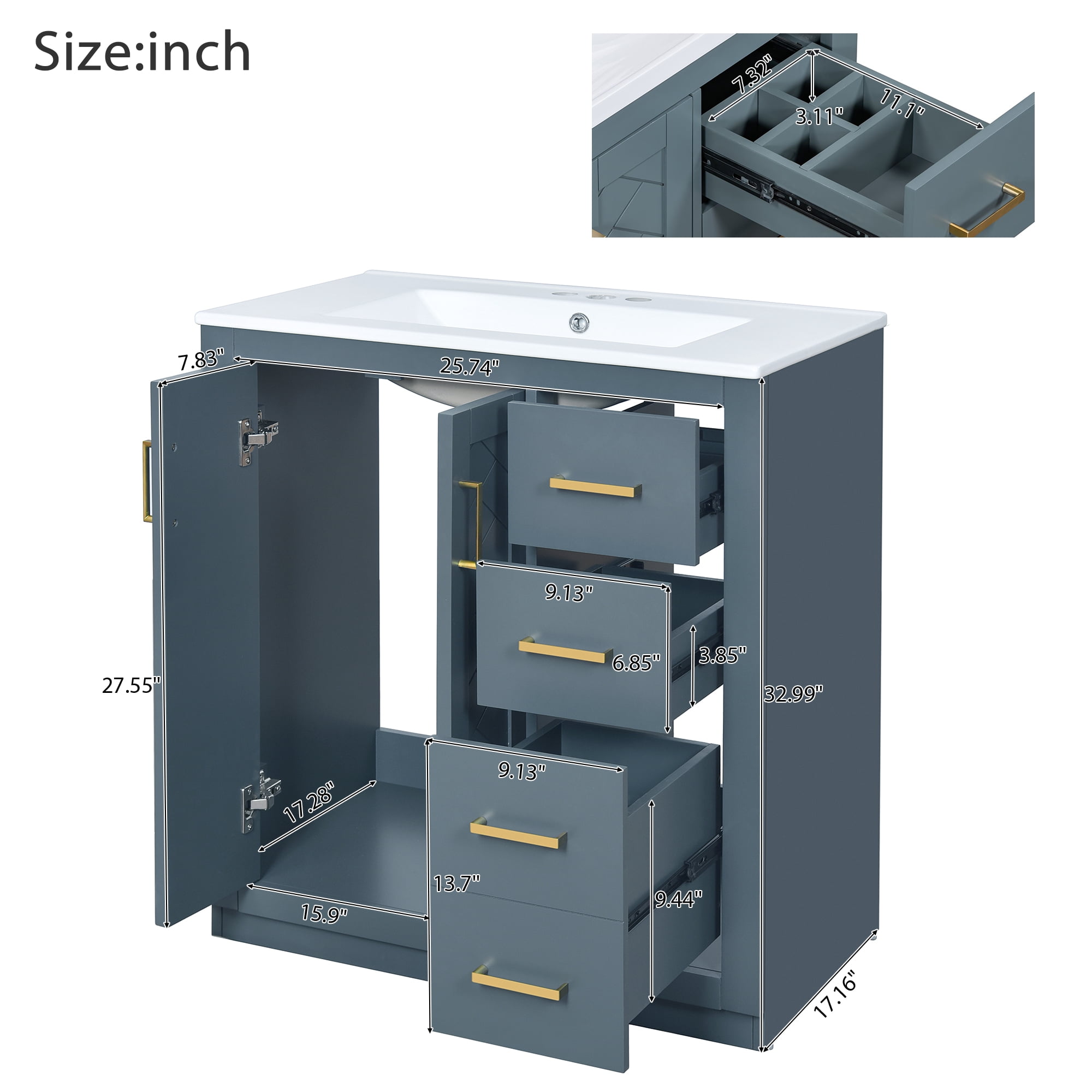 30 Inch Bathroom Vanity with Ceramic Sink Solid Wood Storage Cabinet 3 Drawers Soft Closing Doors Blue