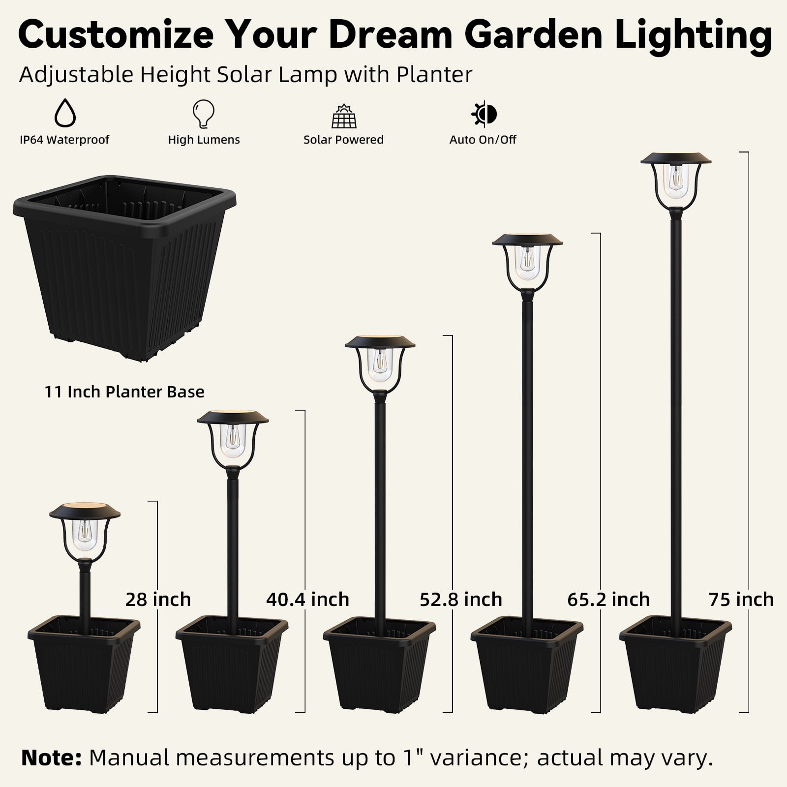 75" Solar Lamp Post Light with Planter Base, Aluminum Waterproof Outdoor Street Light, 100 Lumens, Warm White
