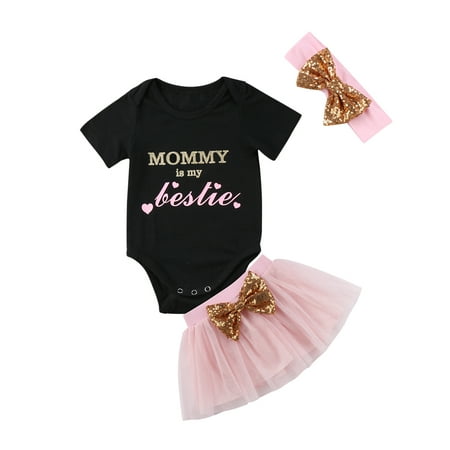 

Suanret Newborn Baby Girls Romper Skirt Sets Short Sleeve Romper Tops Yarn Tutu Skirt Bow Headband 3Pcs Outfits Black 6-12 Months