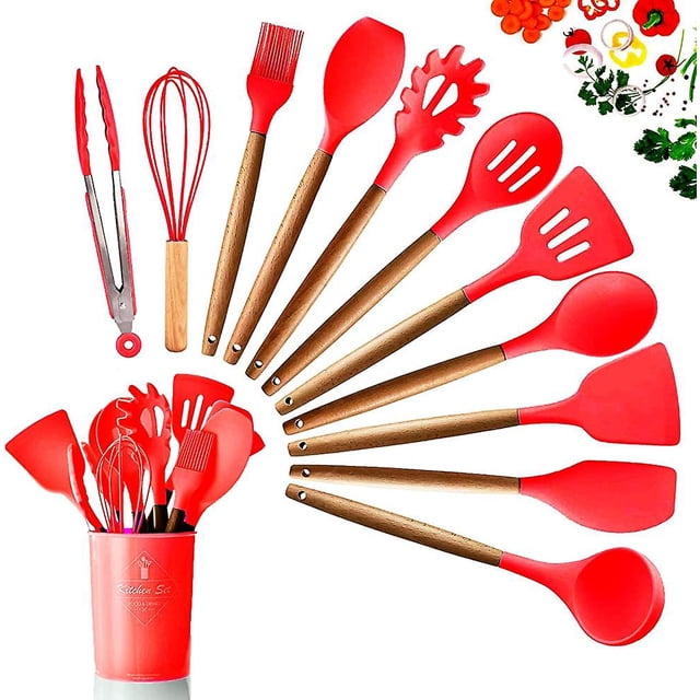Juego de utensilios de cocina KEWITY silicona PREMIUM 11 piezas mango de madera RESISTENTE al calor