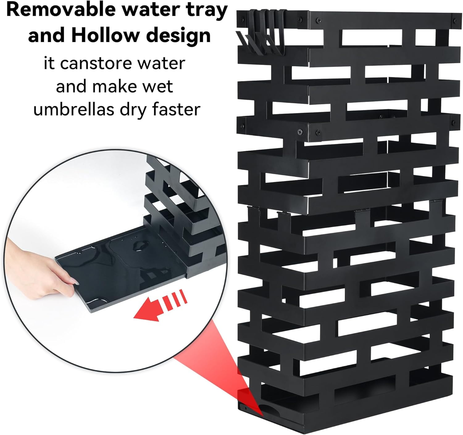 Umbrella Holder for Indoor Entryway, Large Metal Umbrella Stand with Removable Water Tray and Hooks, Umbrella Rack Storage for Home, Office, Hotel