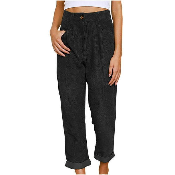 Women's Casual Corduroy Pants High Waisted Button Solid Straight Leg Pants  Loose Comfy Lounge Trousers with Pockets 