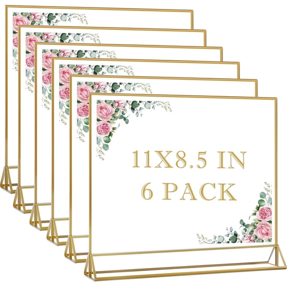 6 Pack Acrylic Sign Holders with Golden Border,11x 8.5 Horizontal Acrylic Sign Holder,Clear Picture Frames,Double Sided Table Menu Holders for Wedding Table Number Office Desktop Photos Display