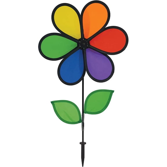 In the Breeze 2639 — 12-Inch Rainbow Flower Spinner with Leaves — Colorful Wind Spinner for Your Yard or Garden