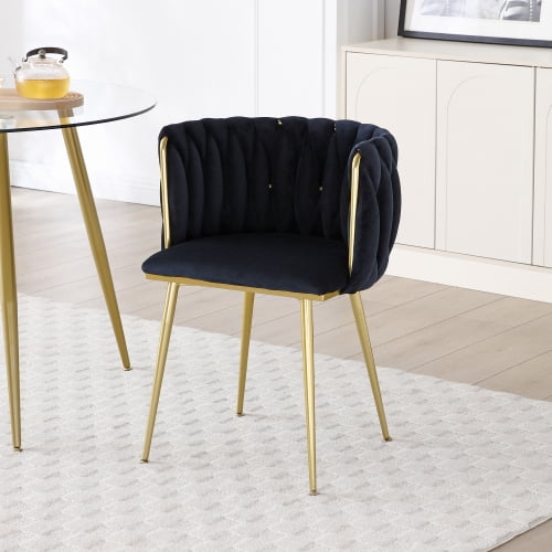 Set of 2 Modern Velvet Dining Chairs with Woven Backrest & Golden Metal Legs – Upholstered Accent Chairs for Dining Room, Kitchen, Living Room, Bedroom, Vanity, Black
