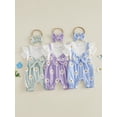 thumbnail image 3 of BemeyourBBs Infant Baby Girl Summer Clothes Floral Patchwork Romper Ruffle Short Sleeve Daisy Print Fake Two-piece Front Bow Jumpsuit with Headband, 3 of 9