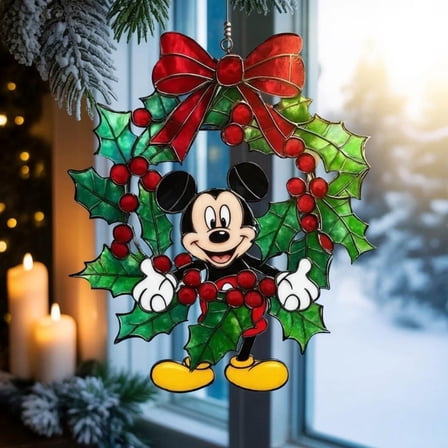 Mickey Mouse Christmas Acrylic Suncatcher, Disney Holiday Ornament, Mickey Acrylic Hanging, Mickey Christmas Wreath Decor, Festive Mickey