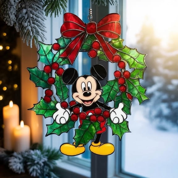 Mickey Mouse Christmas Acrylic Suncatcher, Disney Holiday Ornament, Mickey Acrylic Hanging, Mickey Christmas Wreath Decor, Festive Mickey