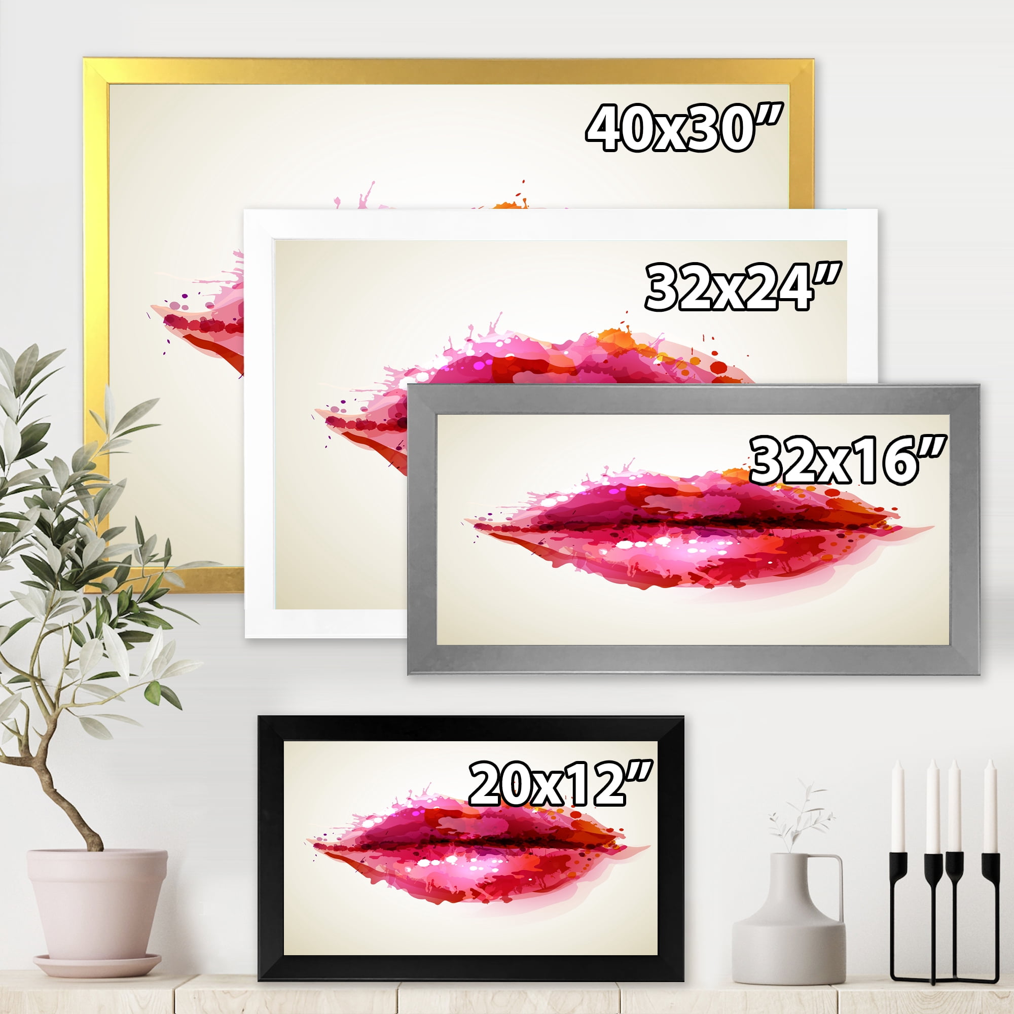 Designart 'Red Girl Lips Formed By Abstract Blots' Modern Framed Art Print
