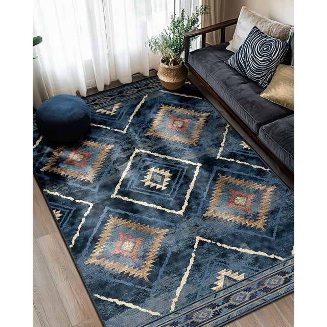 BESTSWEETIE Area Rug 5x7 for Living Room Southwest Washable Rugs Western Aztec Soft Low Pile Non Slip Print Pattern Indoor Carpet for Bedrooms Dining Room, Dark Blue