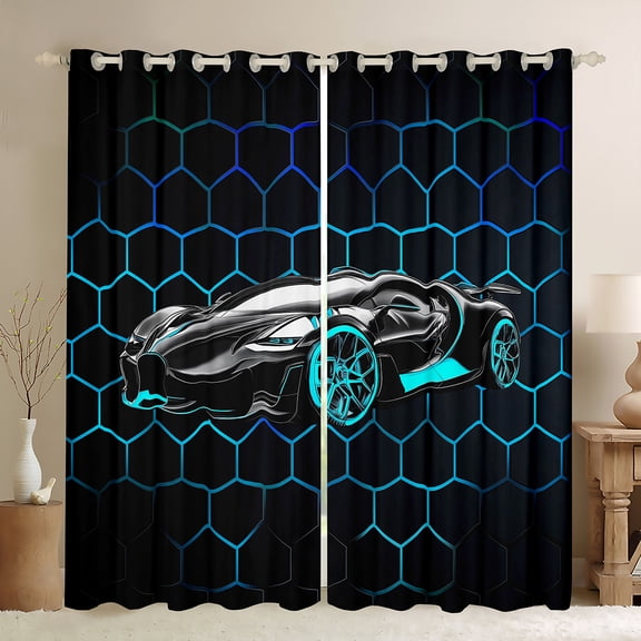 Manfei Extreme Sports Game Black Out Curtains,Speed Race Car Curtains Pack of 2 (42x63 Each),Blue Hockeycomb Hexagon Bedroom Curtains For Boys Kids,Microfiber Bedroom Decor