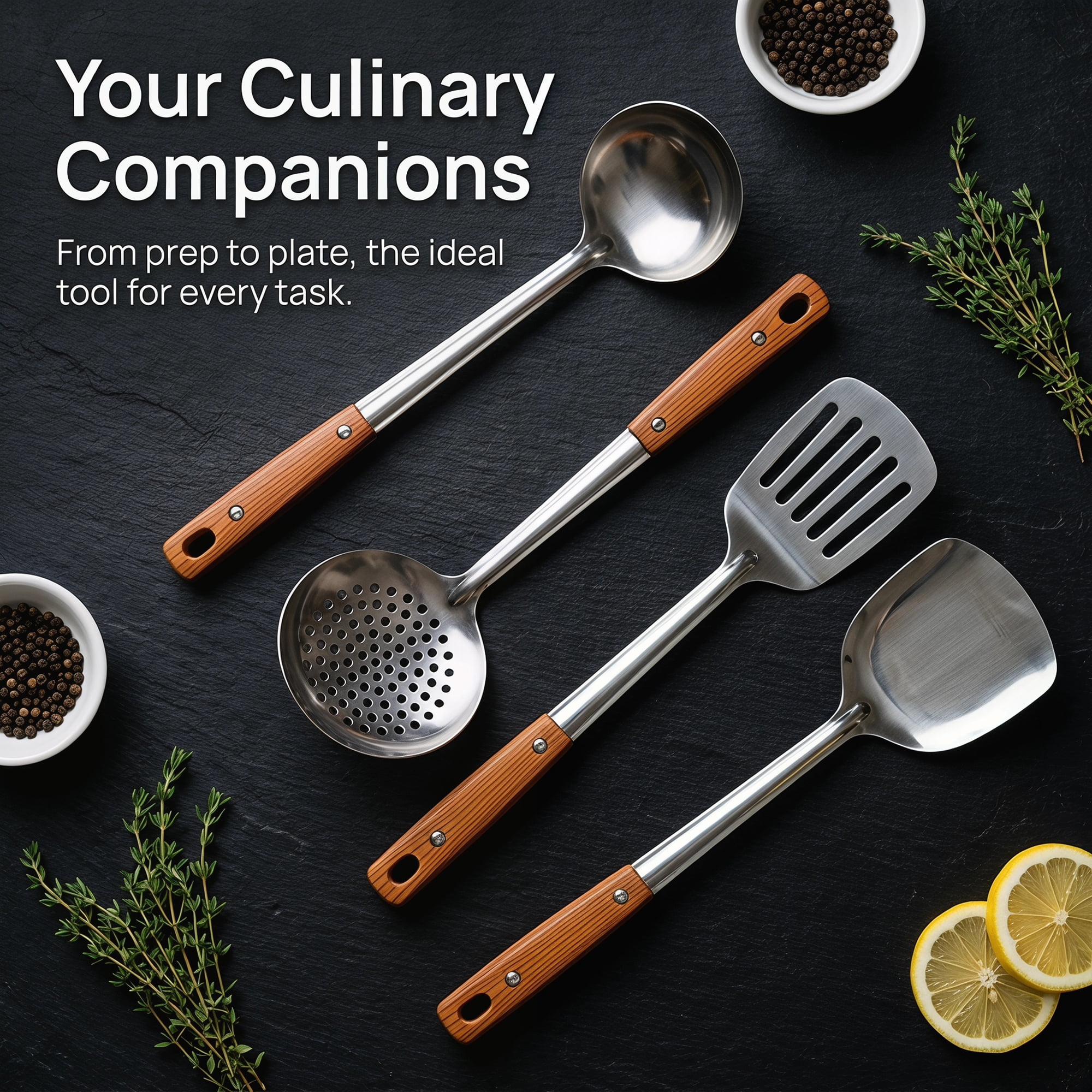 Unique Bargains Cooking Utensil Set, Stainless Steel Kitchen Gadgets Silver-Wood D 4pcs