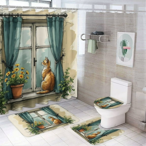 Cute Cat Shower Curtain Bathroom Set, 4-Piece Decor Set with 72" x 72" Shower Curtain, Toilet Cover Mat, U-Shaped Mat, Non-Slip Floor Mat and 12 Hooks