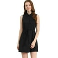 thumbnail image 1 of Unique Bargains Robe Chemise Sans Manches Col Rabattu Boutonnée Plissée Taille à Cordon Noir TG, 1 of 6