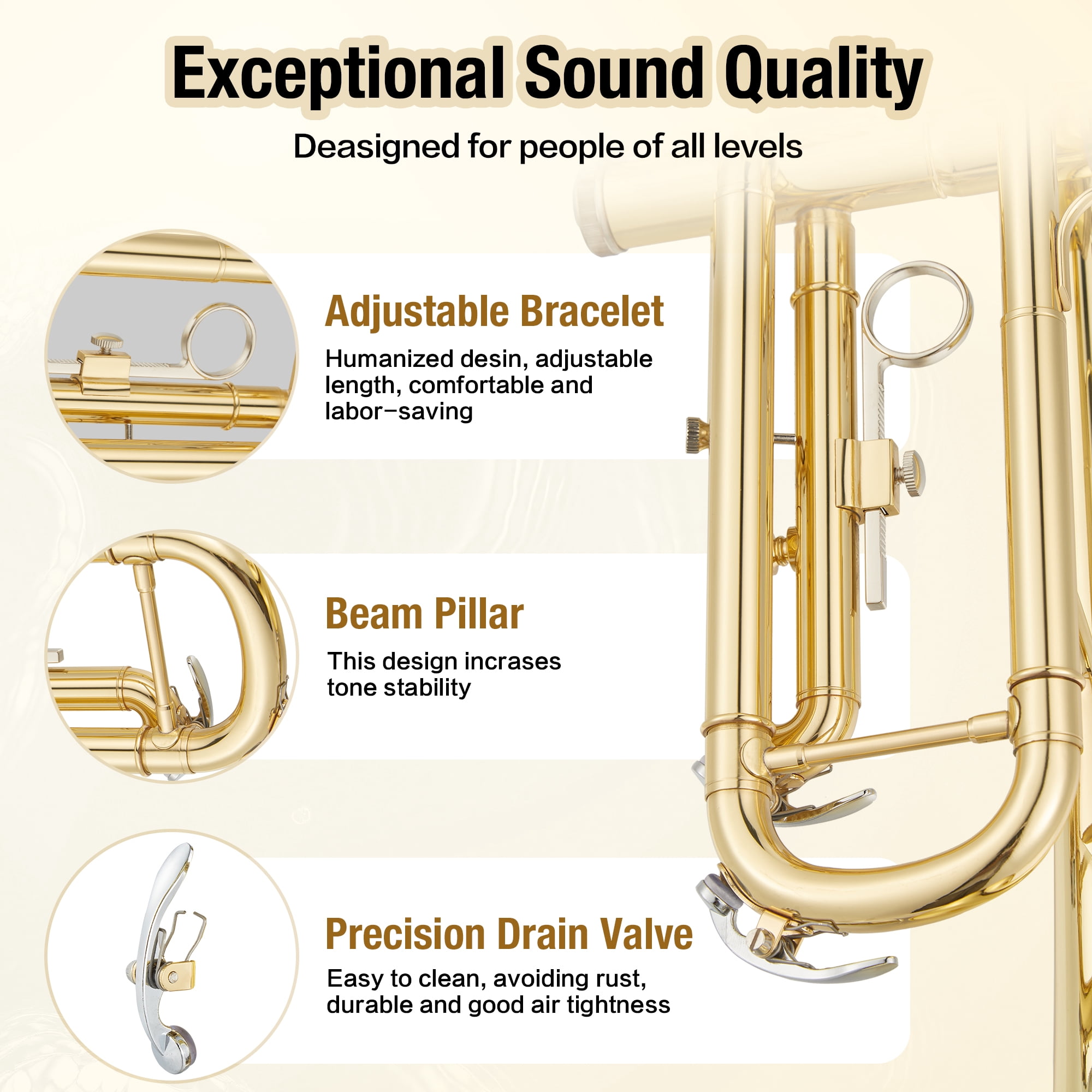 CazToi Bb Trumpet Brass Instrument Gold Lacquer Finish with Case Mouthpiece & Cleaning Kit