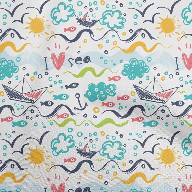 oneOone Rayon White Fabric Ocean Life Craft Projects Decor Fabric Printed By The Yard 56 Inch Wide