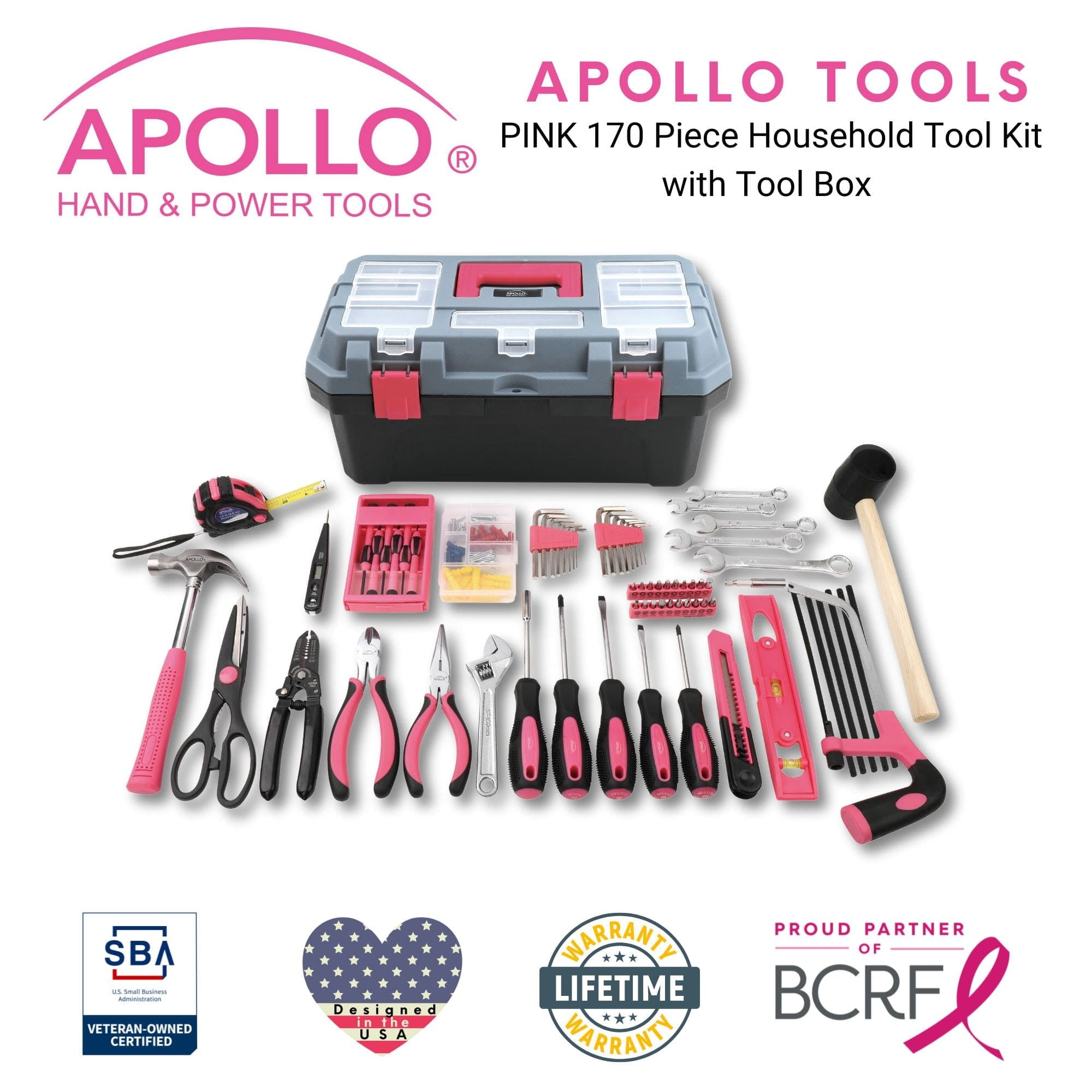 Apollo Tools Pink 170 Piece Household Tool Kit with New and Improved Tool Box - DT7103P