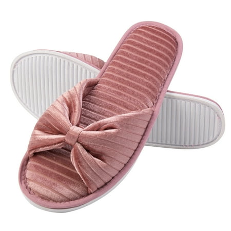 Rose Pink Women s Cozy Bowtie Flat Spa Slide Slippers Comfy Open Toe All Season Slip On House Shoes Sandals