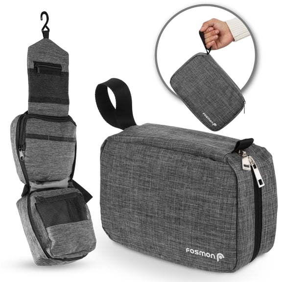 Fosmon Large Capacity Hanging Toiletry Bag, Waterproof Portable Toiletries Travel Organizer Bag with 3 Compartments, 3 Pockets & 1 Sturdy Hook Accessory for Men and Women, Grey