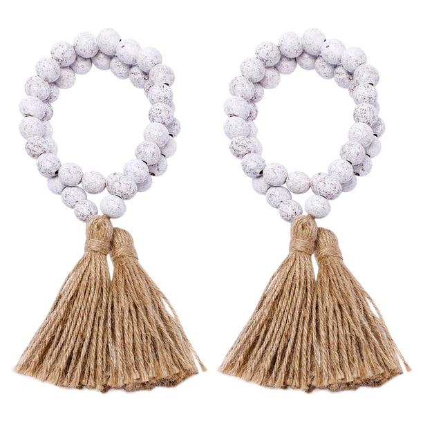 Guirnalda rústica de cuentas de madera con borlas, estilo bohemio, para decoración del hogar, para colgar en la pared, para mesa, repisa, con cuentas de madera natural