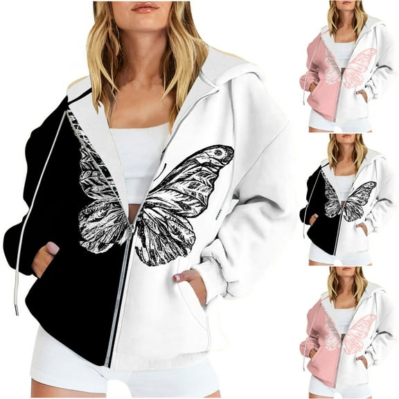 Kayannuo Hoodies for Women Butterfly Print Drawstring Zipper Long Sleeve Wwomens Sweatshirts Fall Women's Casual Printed Zipper Hooded Tops Blouse With Pocket Sweatshirt Jackets