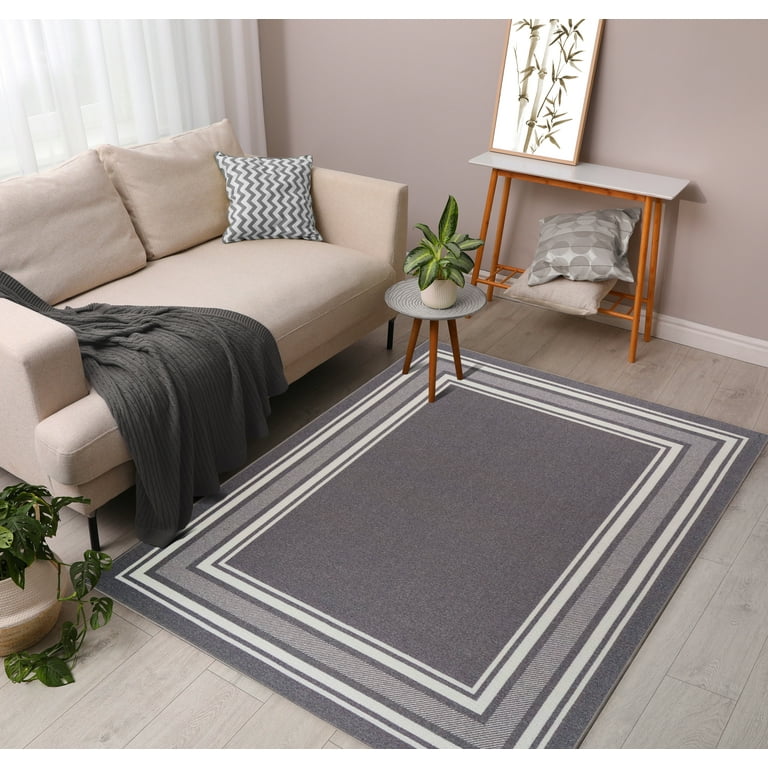Beverly Rug Indoor Bordered Area Rugs, Non Slip Rubber Backing Modern  Living Room Runner Rug, Gray, 2x7 