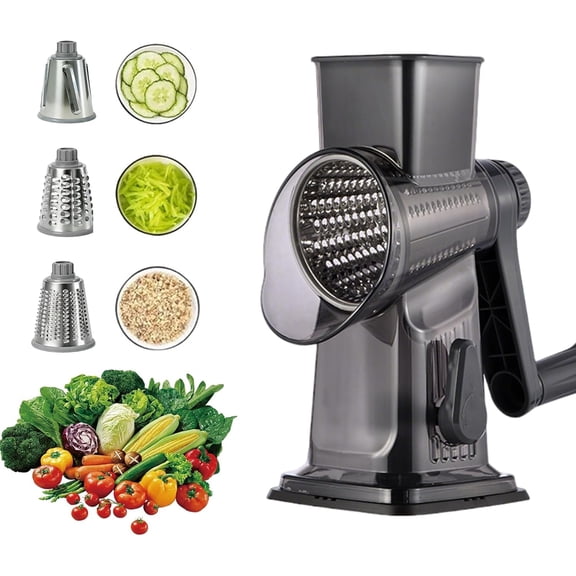 Rotary Cheese Grater, 3-in-1 Manual Vegetable Slicer with Handle, Kitchen Shredder with Suction Base for Cheese, Nuts, Potatoes and Salads, Easy to Clean