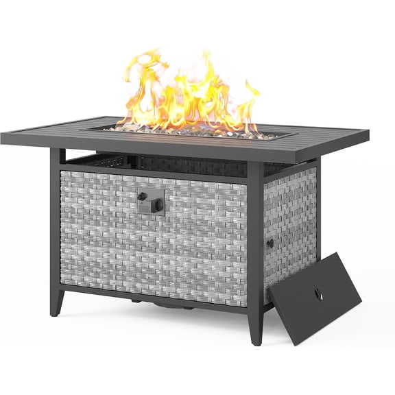 MAISON HUIS 43" Rectangular Wicker Propane Fire Pit Table, 55000 BTU Gas Fire Table with Lid & Waterproof Cover, Compatible with 20 lb Propane Tank