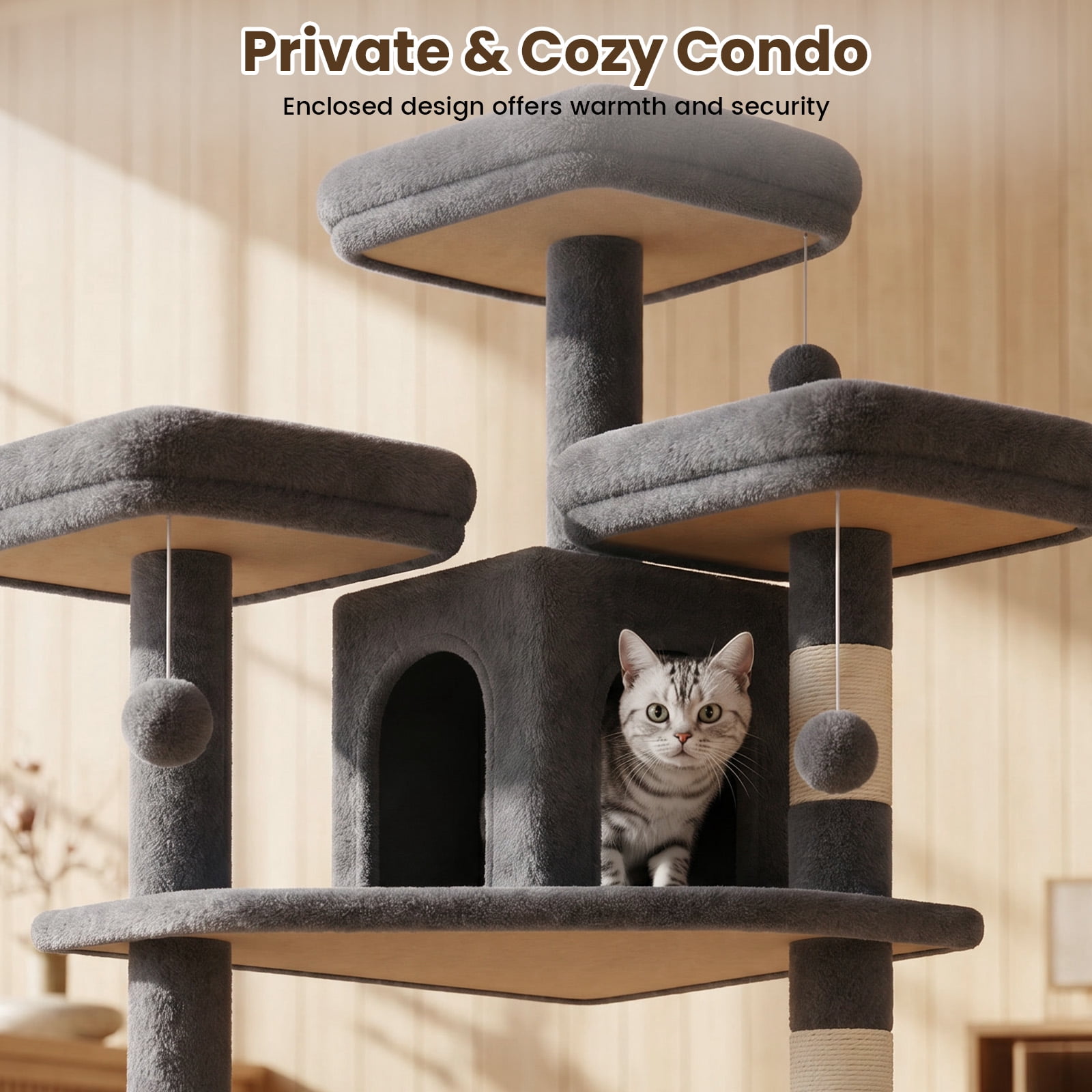 80" Cat Tree Tower, Big Cat Tower for Multiple Adult Cats, Multi-Level Tall Cat Tree with 3 Platforms, 2 Condos, 2 Hanging Basket, Hammock and Scratching Frame for Indoor Kitties, Dark Grey