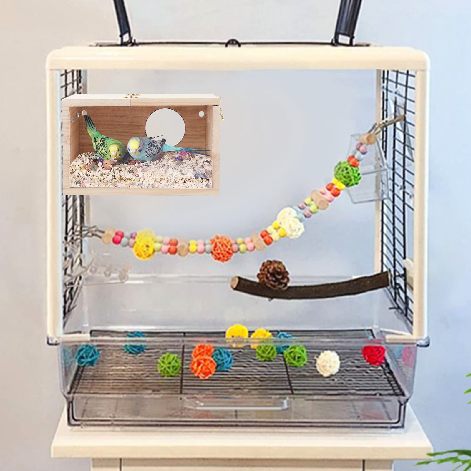 Parakeet Nesting Box Transparent Design, Bird Nest Breeding Box with Wood Bird Cage House for Cockatiel Lovebirds Finch Parrotlets Canary （12*12*19.5）