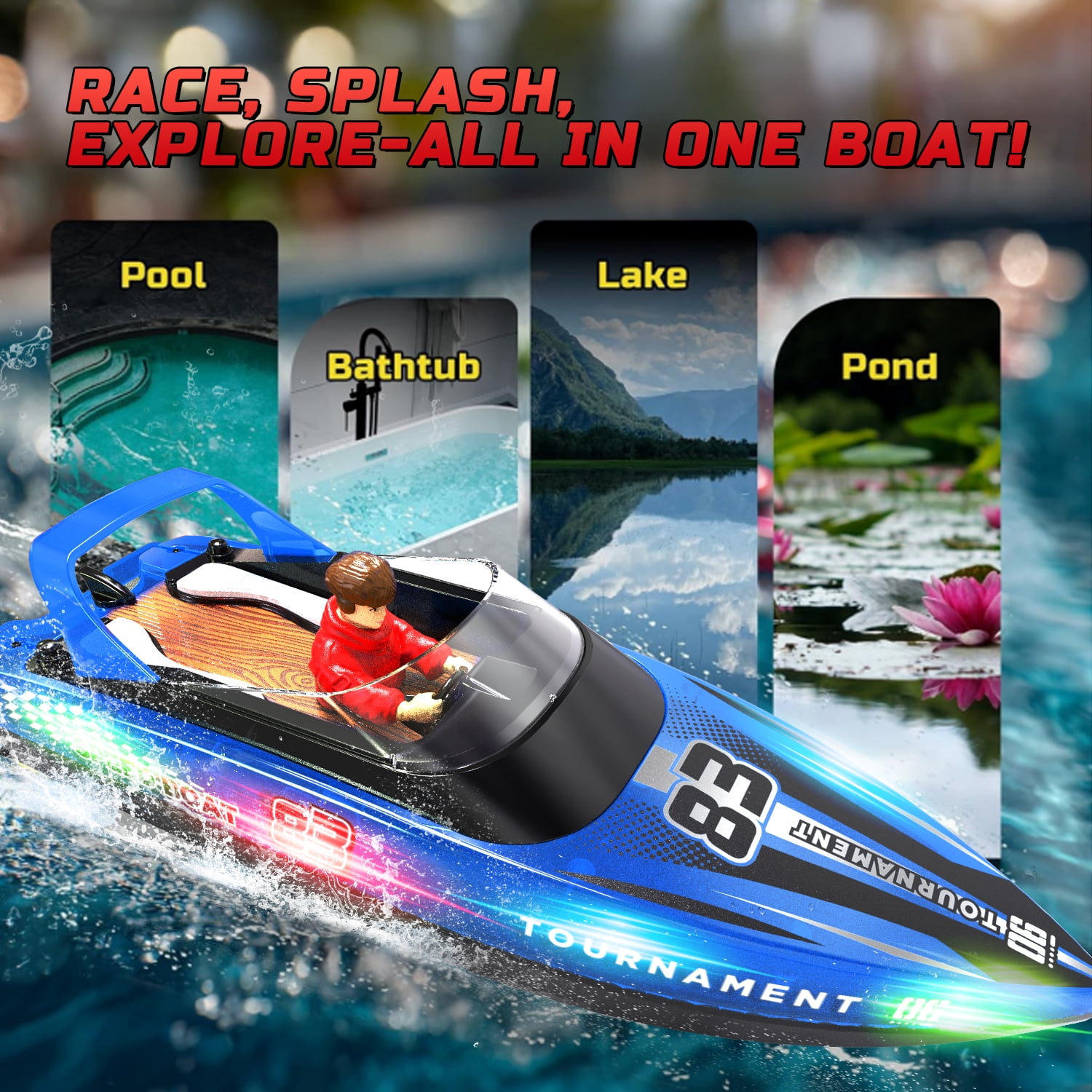 JoyStone 10 inch RC Boat with LED Lights for Adults and Kids - 2.4Ghz Remote Control Boat for Pool and Lakes, Dual Motor & Low Battery Alarm, Gifts for 8-12 Boys Girls(Blue)